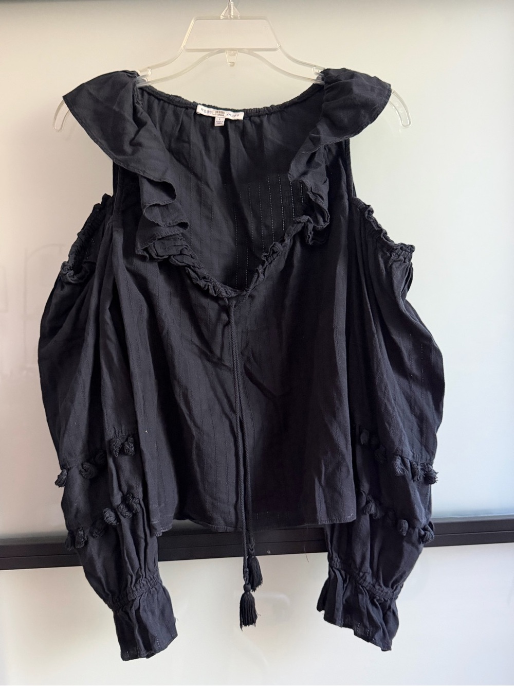 Rebecca Minkoff Black Cold Shoulder Ruffle Boho Blouse Size L